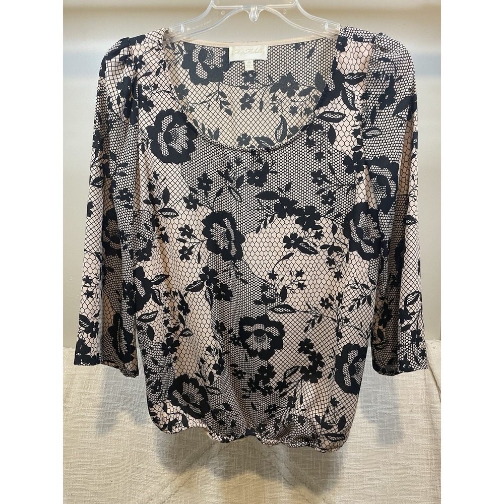 My Michelle Beige Black Floral Lace Print Bell 3/4 Sleeve Juniors Women's M 90s